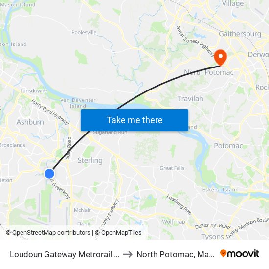 Loudoun Gateway Metrorail Station to North Potomac, Maryland map