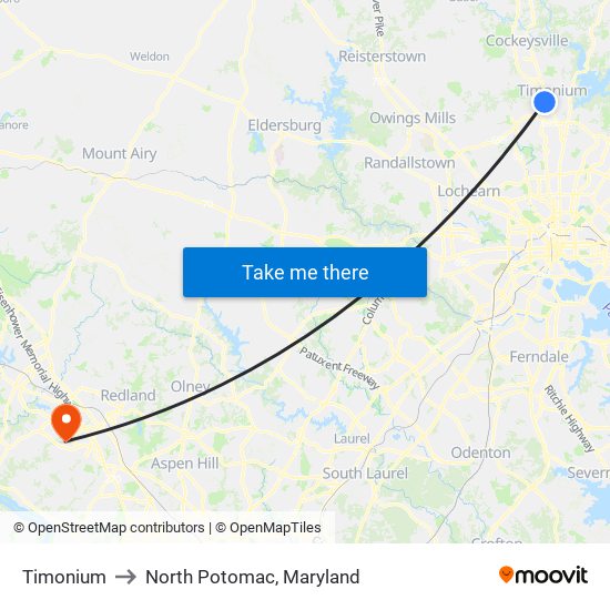 Timonium to North Potomac, Maryland map