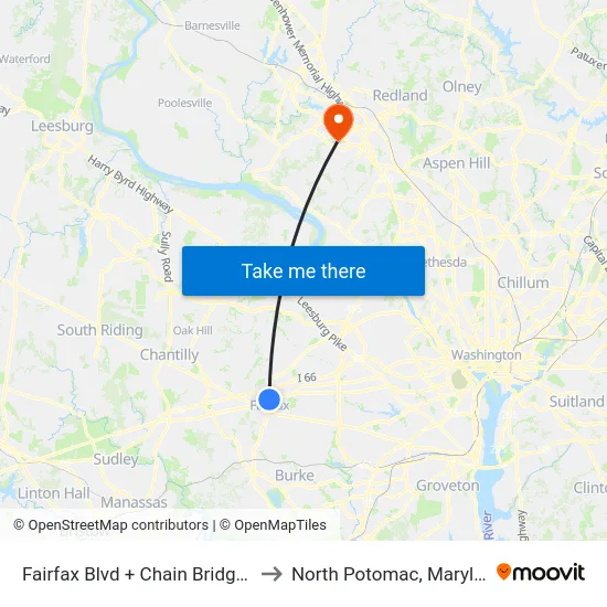 Fairfax Blvd + Chain Bridge Rd to North Potomac, Maryland map