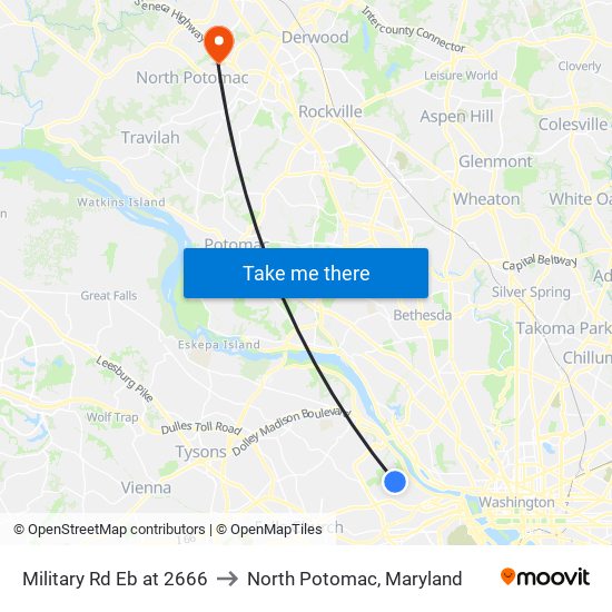 Military Rd Eb at 2666 to North Potomac, Maryland map