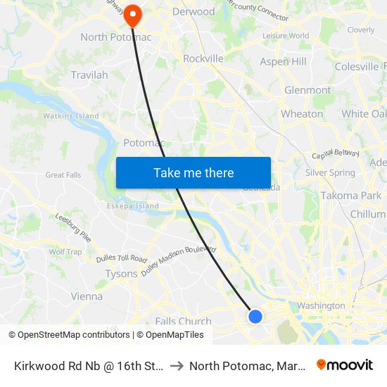 Kirkwood Rd Nb @ 16th St N FS to North Potomac, Maryland map