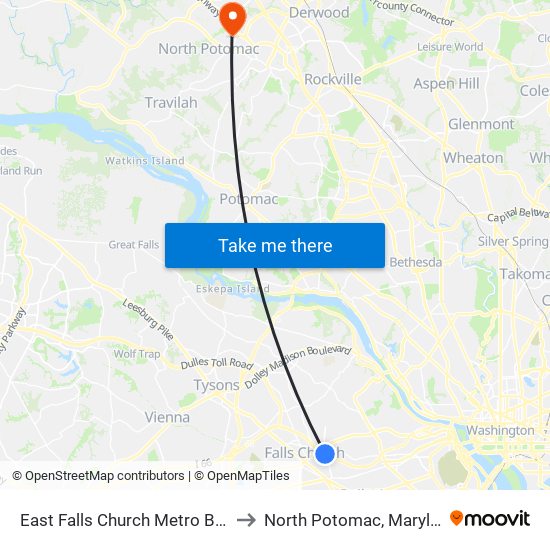 East Falls Church Metro Bay C to North Potomac, Maryland map