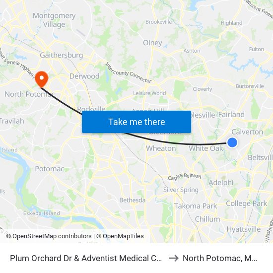 Plum Orchard Dr & Adventist Medical Cen White Oak to North Potomac, Maryland map