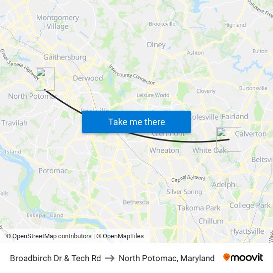 Broadbirch Dr & Tech Rd to North Potomac, Maryland map