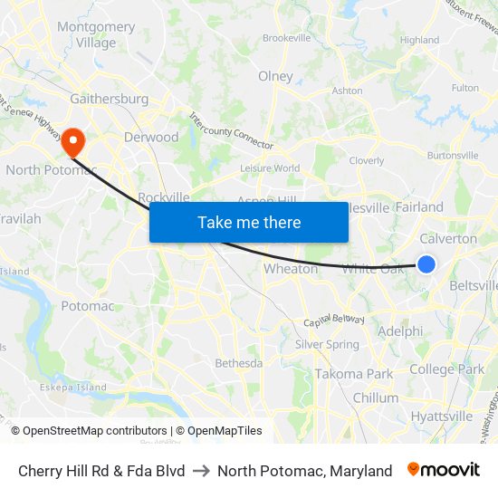 Cherry Hill Rd & Fda Blvd to North Potomac, Maryland map