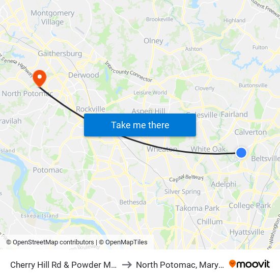 Cherry Hill Rd & Powder Mill Rd to North Potomac, Maryland map