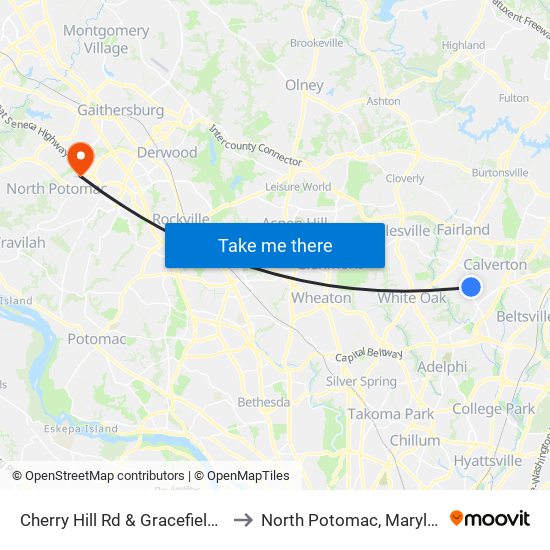 Cherry Hill Rd & Gracefield Rd to North Potomac, Maryland map