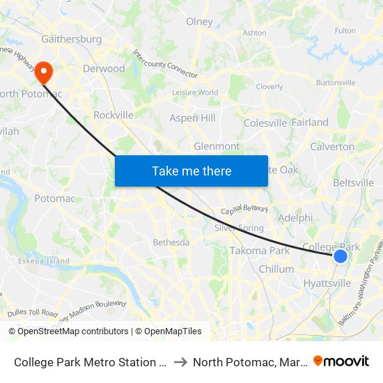 College Park Metro Station - Bay D to North Potomac, Maryland map