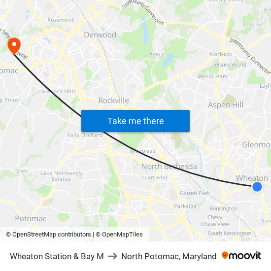 Wheaton Station & Bay M to North Potomac, Maryland map