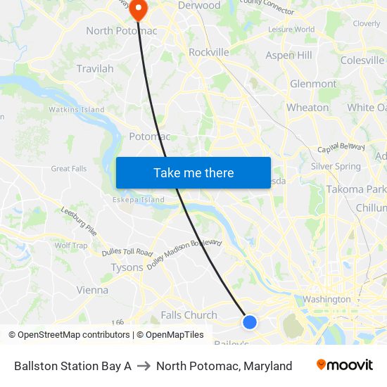 Ballston Station Bay A to North Potomac, Maryland map