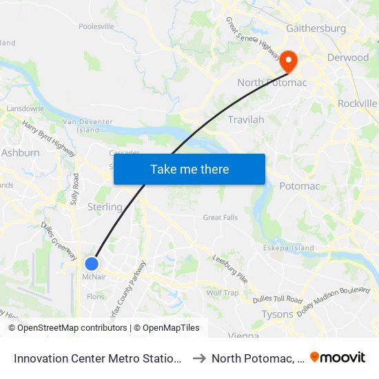 Innovation Center Metro Station - North Bus Bay to North Potomac, Maryland map