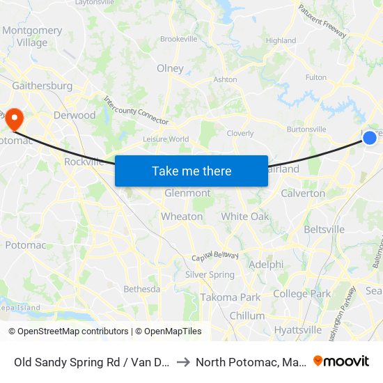 Old Sandy Spring Rd / Van Dusen Rd to North Potomac, Maryland map