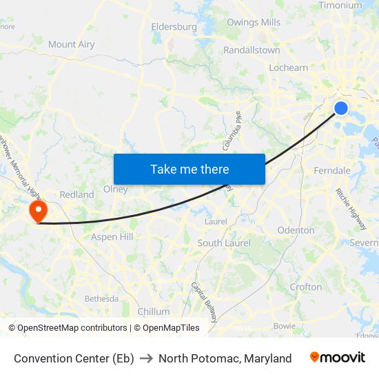 Convention Center (Eb) to North Potomac, Maryland map