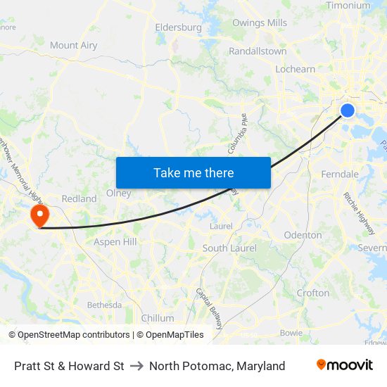 Pratt St & Howard St to North Potomac, Maryland map