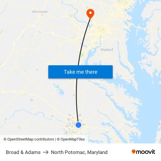 Broad & Adams to North Potomac, Maryland map