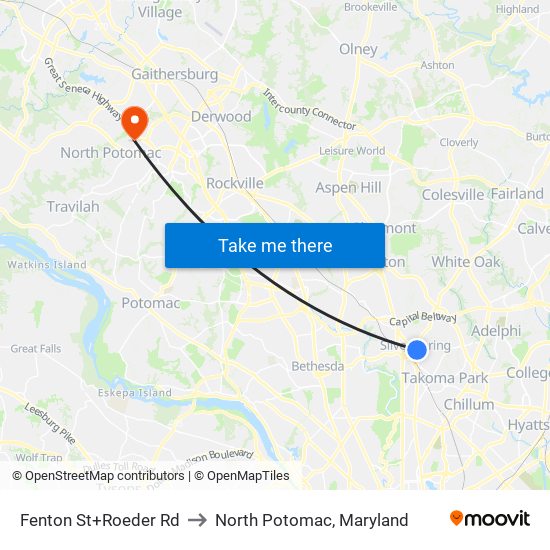 Fenton St+Roeder Rd to North Potomac, Maryland map