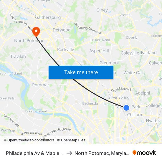 Philadelphia Av & Maple Av to North Potomac, Maryland map