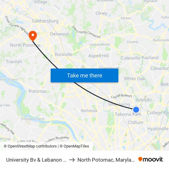 University Bv & Lebanon St to North Potomac, Maryland map