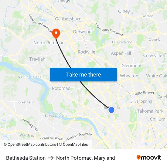 Bethesda Station to North Potomac, Maryland map