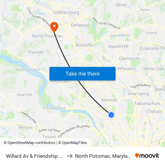 Willard Av & Friendship Bv to North Potomac, Maryland map