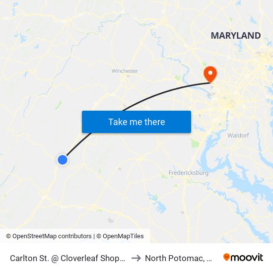 Carlton St. @ Cloverleaf Shopping Center to North Potomac, Maryland map