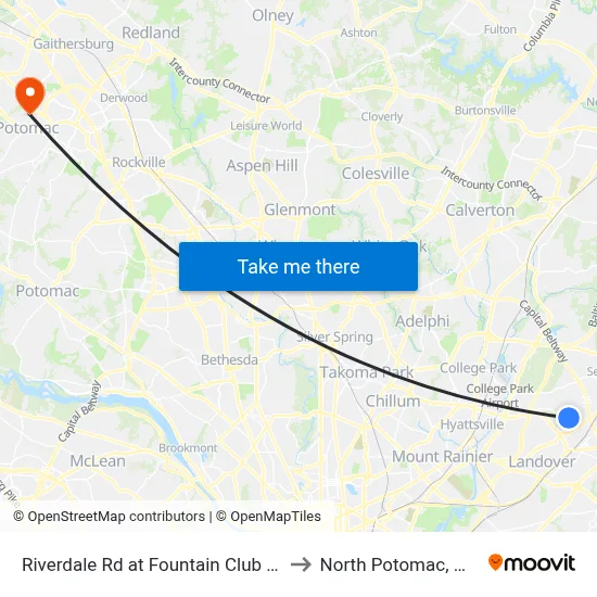 Riverdale Rd at Fountain Club Apartments to North Potomac, Maryland map
