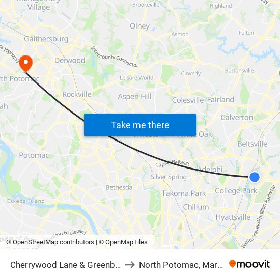 Cherrywood Lane & Greenbelt Rd to North Potomac, Maryland map