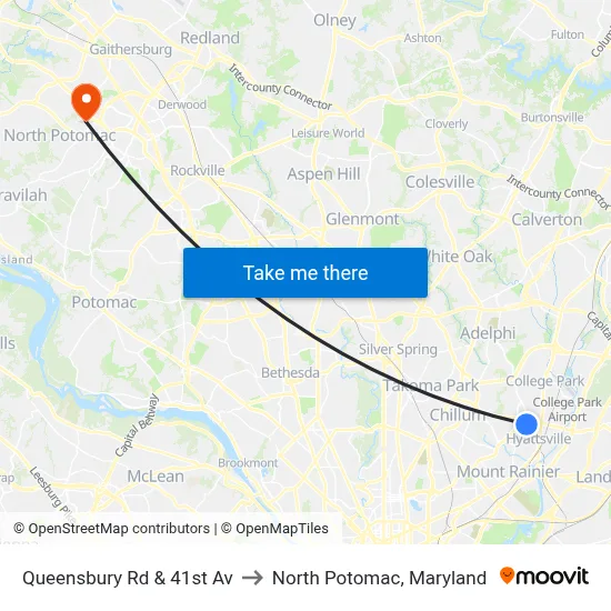 Queensbury Rd & 41st Av to North Potomac, Maryland map