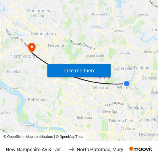 New Hampshire Av & Tanley Rd to North Potomac, Maryland map