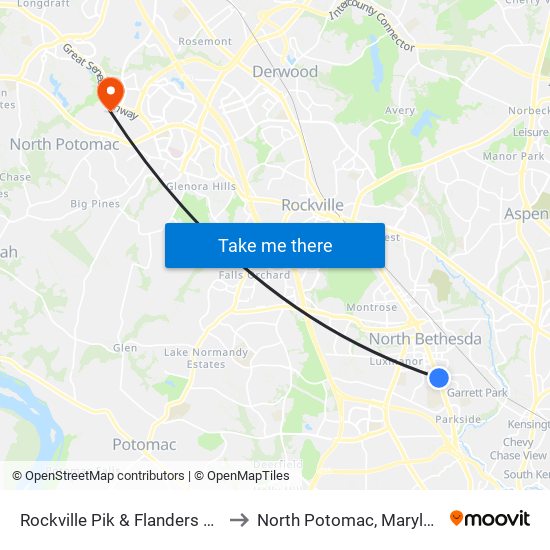 Rockville Pik & Flanders Ave to North Potomac, Maryland map