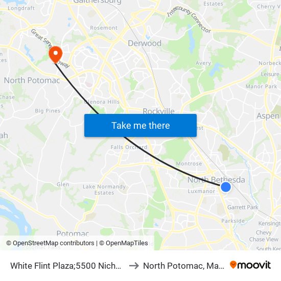 White Flint Plaza;5500 Nicholson La to North Potomac, Maryland map