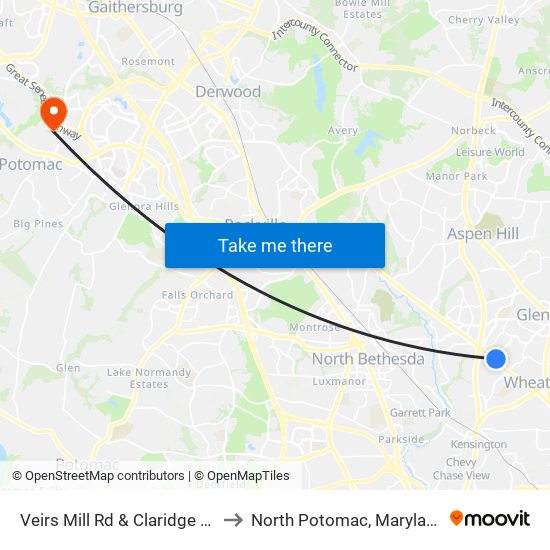 Veirs Mill Rd & Claridge Rd to North Potomac, Maryland map