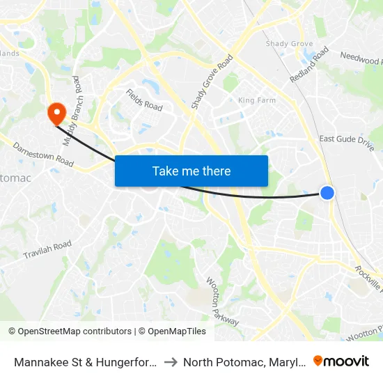Mannakee St & Hungerford  Dr to North Potomac, Maryland map
