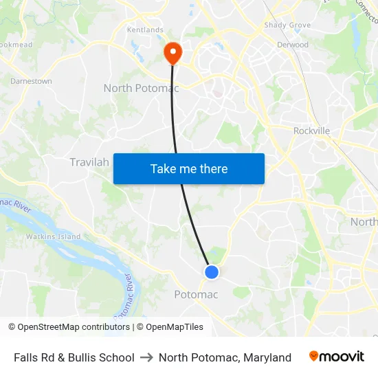 Falls Rd & Bullis School to North Potomac, Maryland map