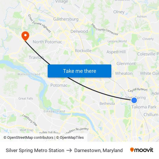 Silver Spring Metro Station to Darnestown, Maryland map