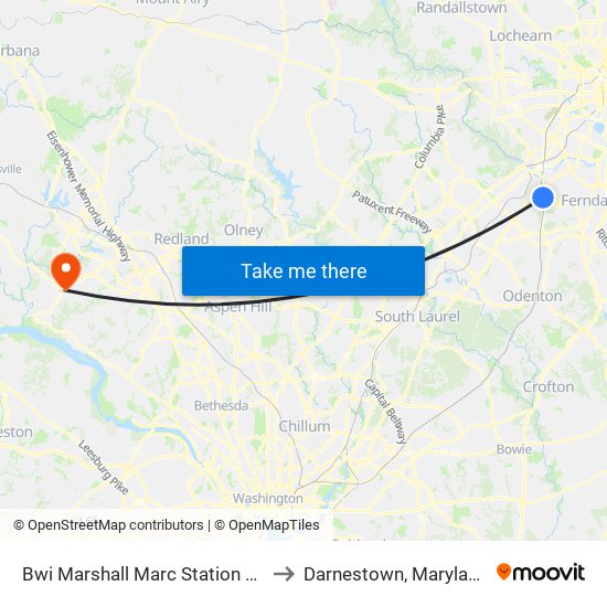 Bwi Marshall Marc Station Sb to Darnestown, Maryland map