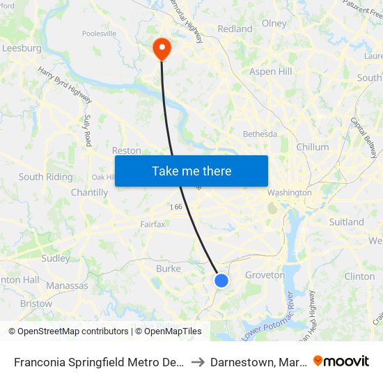 Franconia Springfield Metro Departures to Darnestown, Maryland map