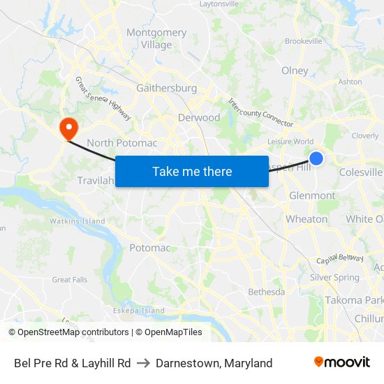 Bel Pre Rd & Layhill Rd to Darnestown, Maryland map