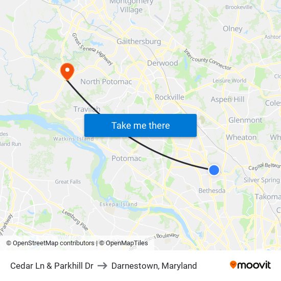 Cedar Ln & Parkhill Dr to Darnestown, Maryland map