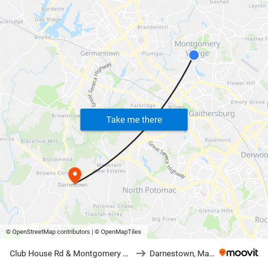 Club House Rd & Montgomery Village Ave to Darnestown, Maryland map