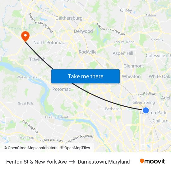 Fenton St & New York Ave to Darnestown, Maryland map