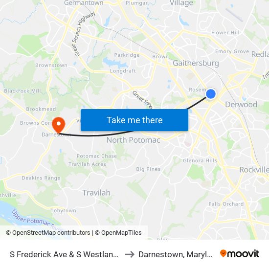 S Frederick Ave & S Westland Dr to Darnestown, Maryland map