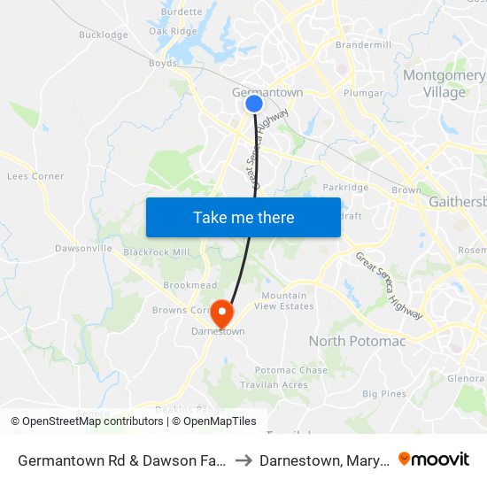 Germantown Rd & Dawson Farm Rd to Darnestown, Maryland map