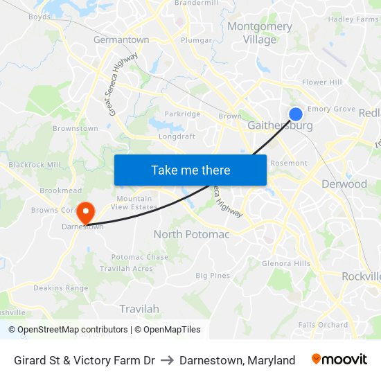 Girard St & Victory Farm Dr to Darnestown, Maryland map