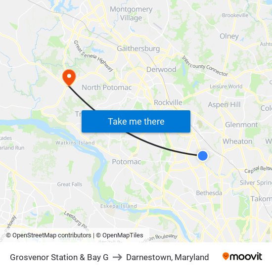 Grosvenor Station & Bay G to Darnestown, Maryland map