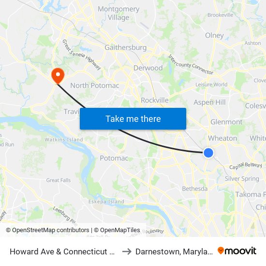 Howard Ave & Connecticut Ave to Darnestown, Maryland map