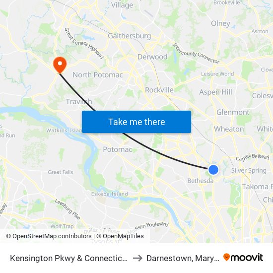 Kensington Pkwy & Connecticut Ave to Darnestown, Maryland map