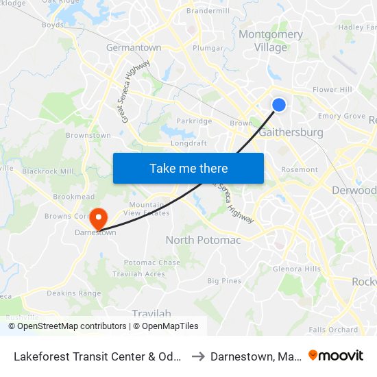 Lakeforest Transit Center & Odendhal Ave to Darnestown, Maryland map