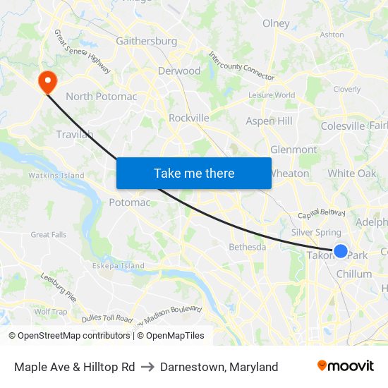 Maple Ave & Hilltop Rd to Darnestown, Maryland map