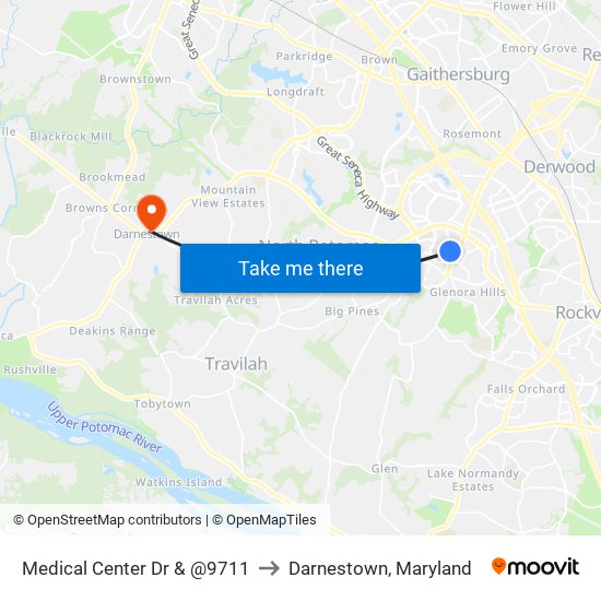 Medical Center Dr & @9711 to Darnestown, Maryland map